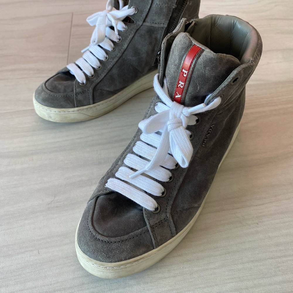 Prada Grey Suede lace up high top sneakers. Size 37.5